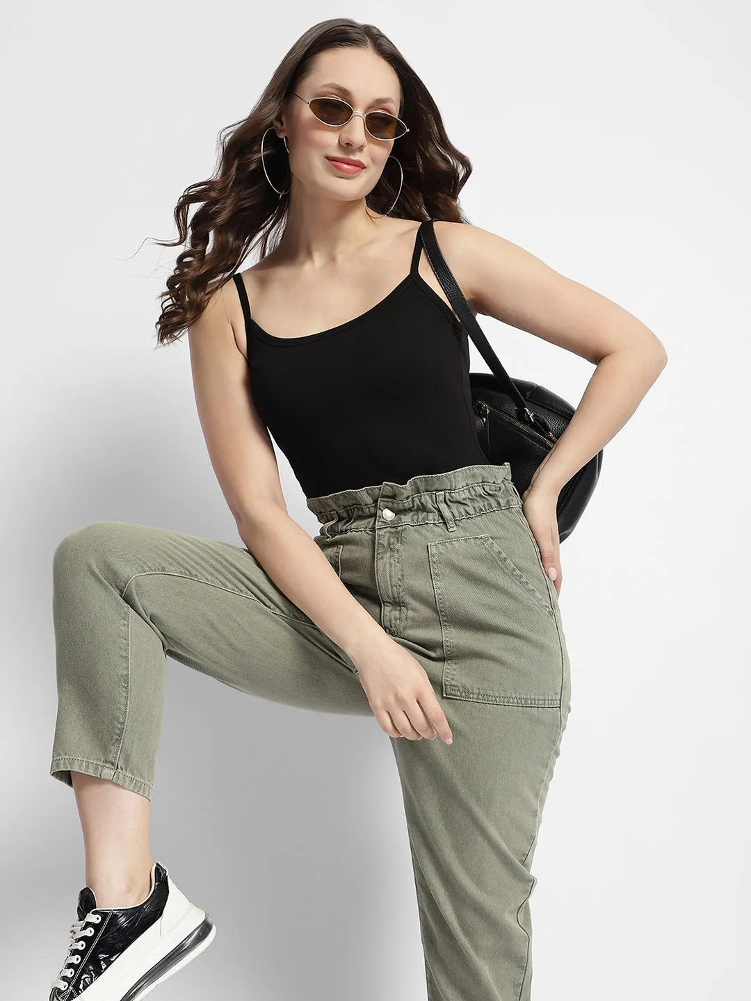 Madame Solid Cotton Blend Black Spaghetti