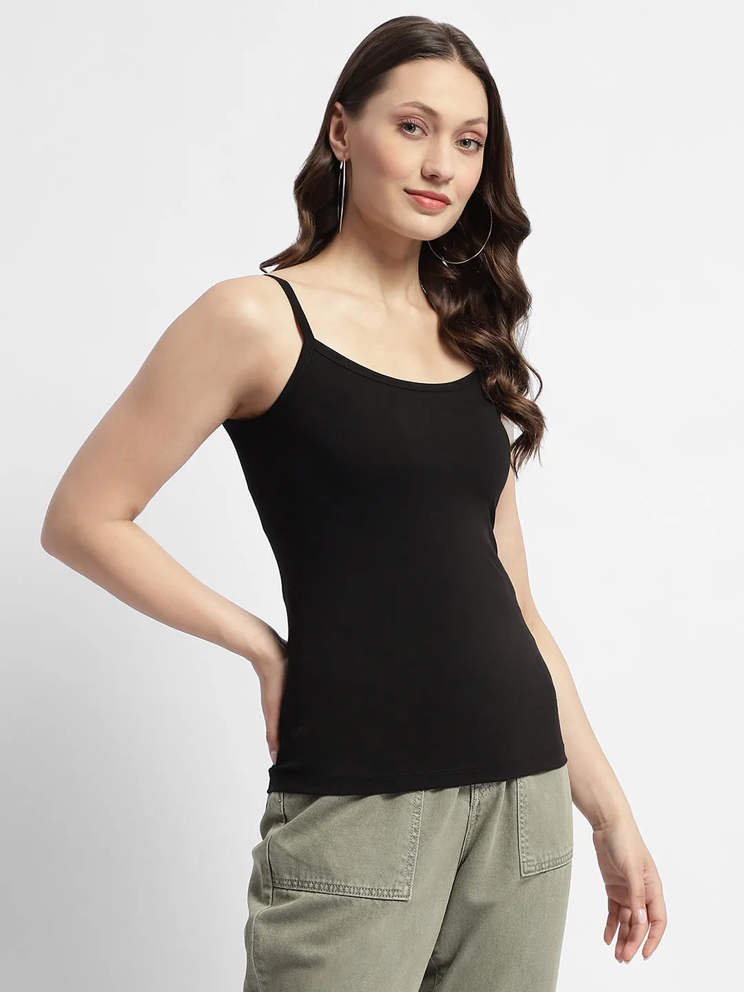 Madame Solid Cotton Blend Black Spaghetti