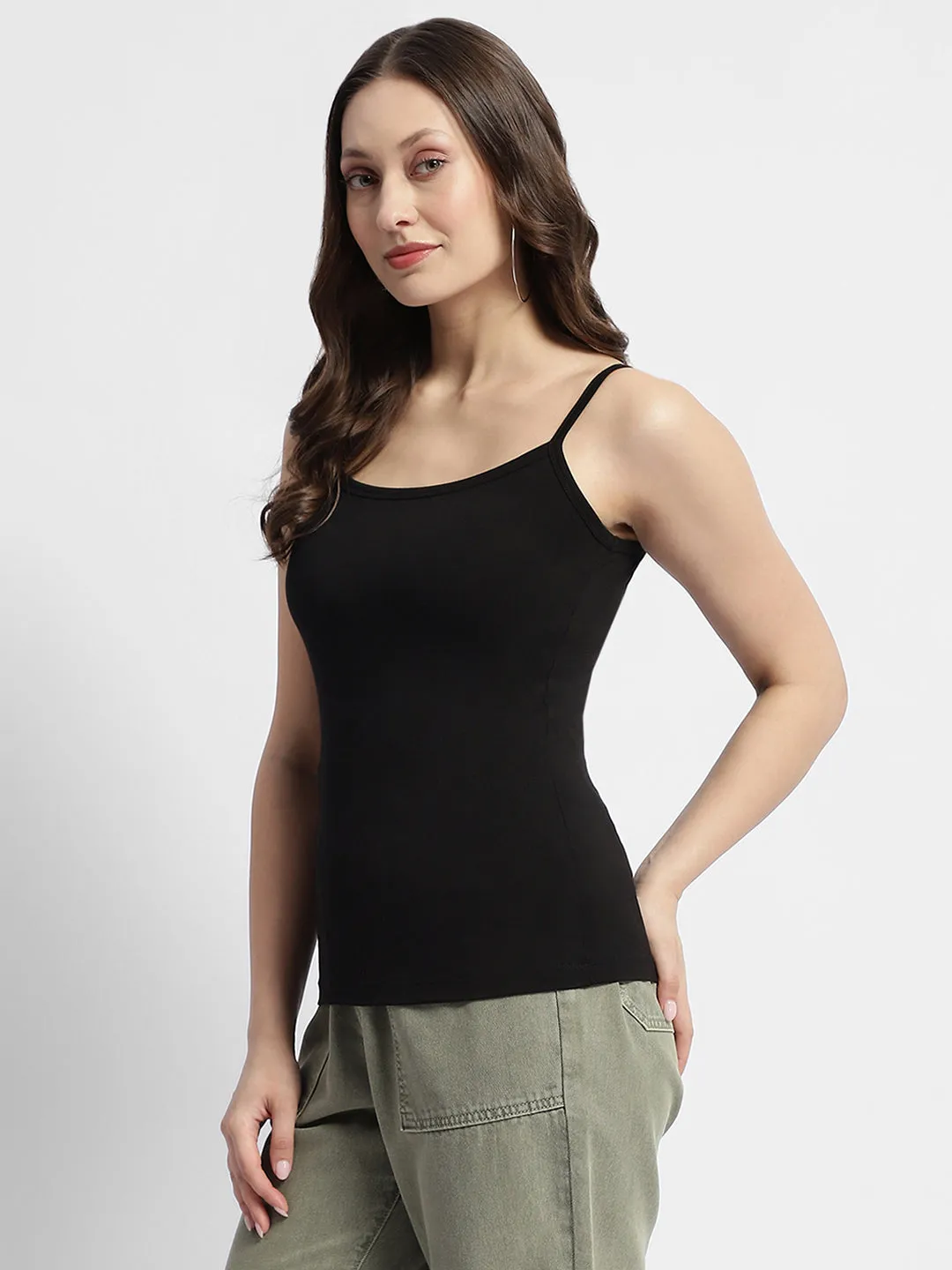 Madame Solid Cotton Blend Black Spaghetti