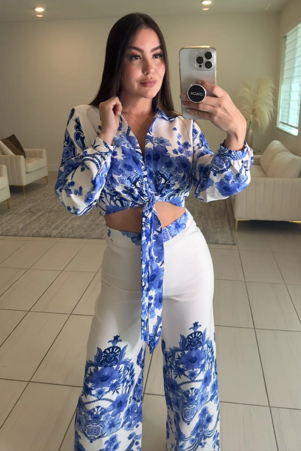 Mediterranean Floral White Pants Set