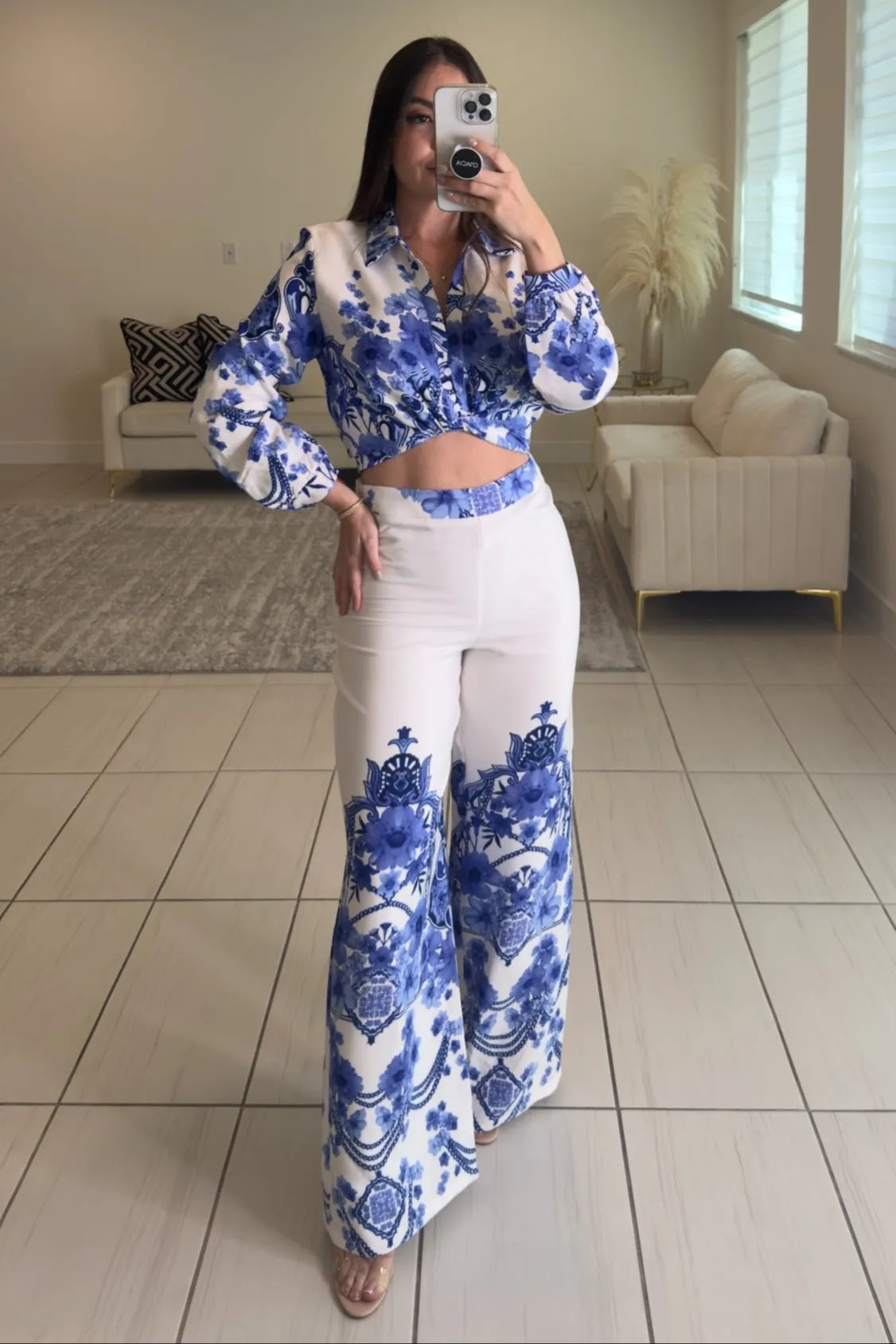 Mediterranean Floral White Pants Set