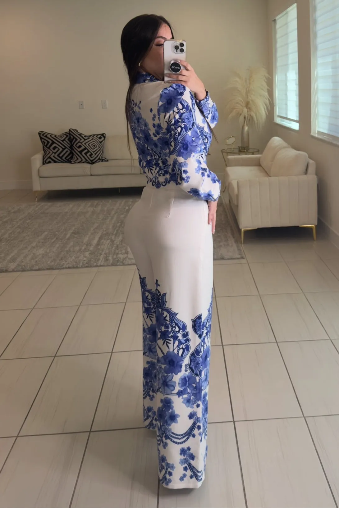 Mediterranean Floral White Pants Set