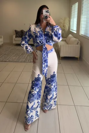 Mediterranean Floral White Pants Set