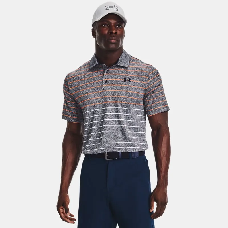 Men Under Armor Playoff Stripe Polo Shirt For Midnight Blue Marine Orange Blast Midnight Blue Marine Under Armour