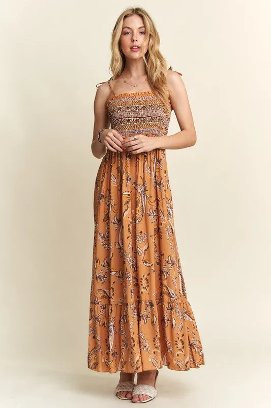 Mustard Color Smocked Printed Square Neck Tie Shoulder Cami Dress