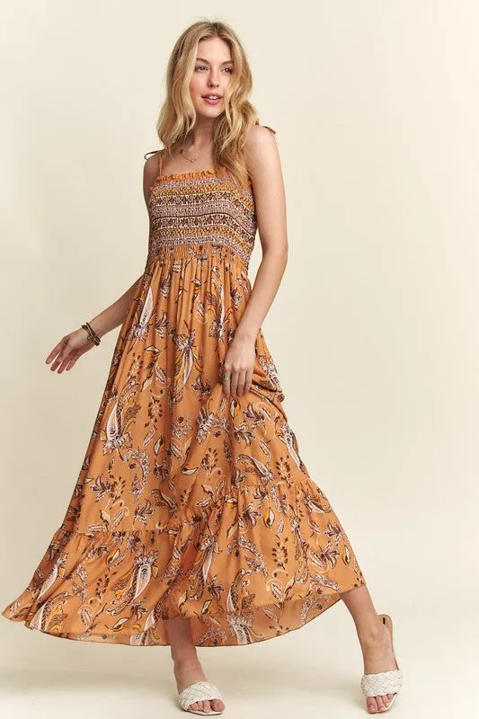 Mustard Color Smocked Printed Square Neck Tie Shoulder Cami Dress
