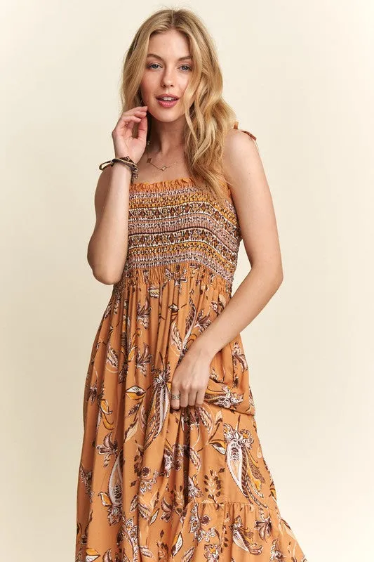 Mustard Color Smocked Printed Square Neck Tie Shoulder Cami Dress