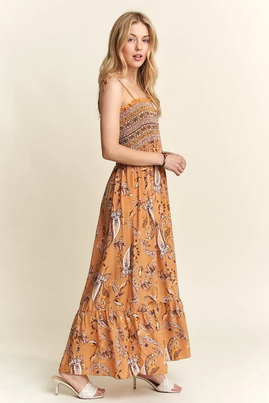 Mustard Color Smocked Printed Square Neck Tie Shoulder Cami Dress