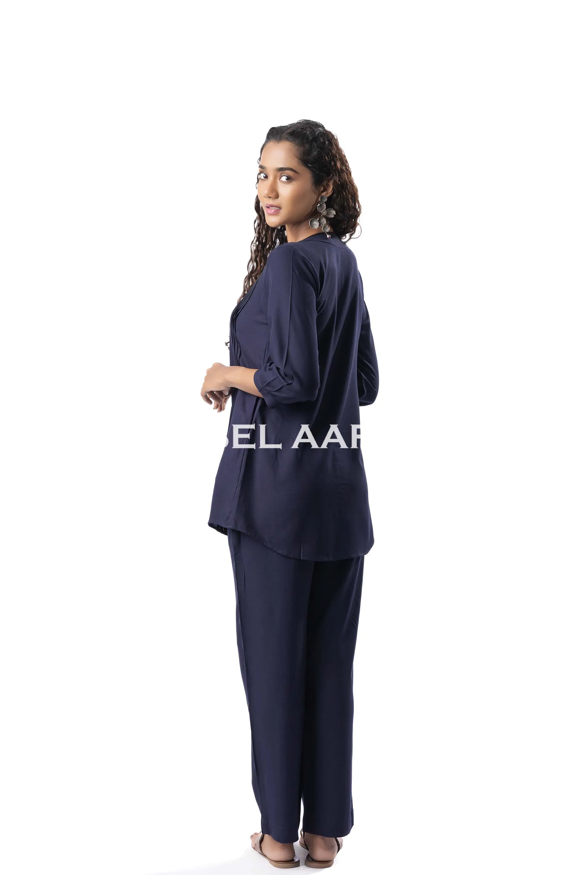 Navy Blue Viscose Rayon Pleated Band Collar Co-Ord Set