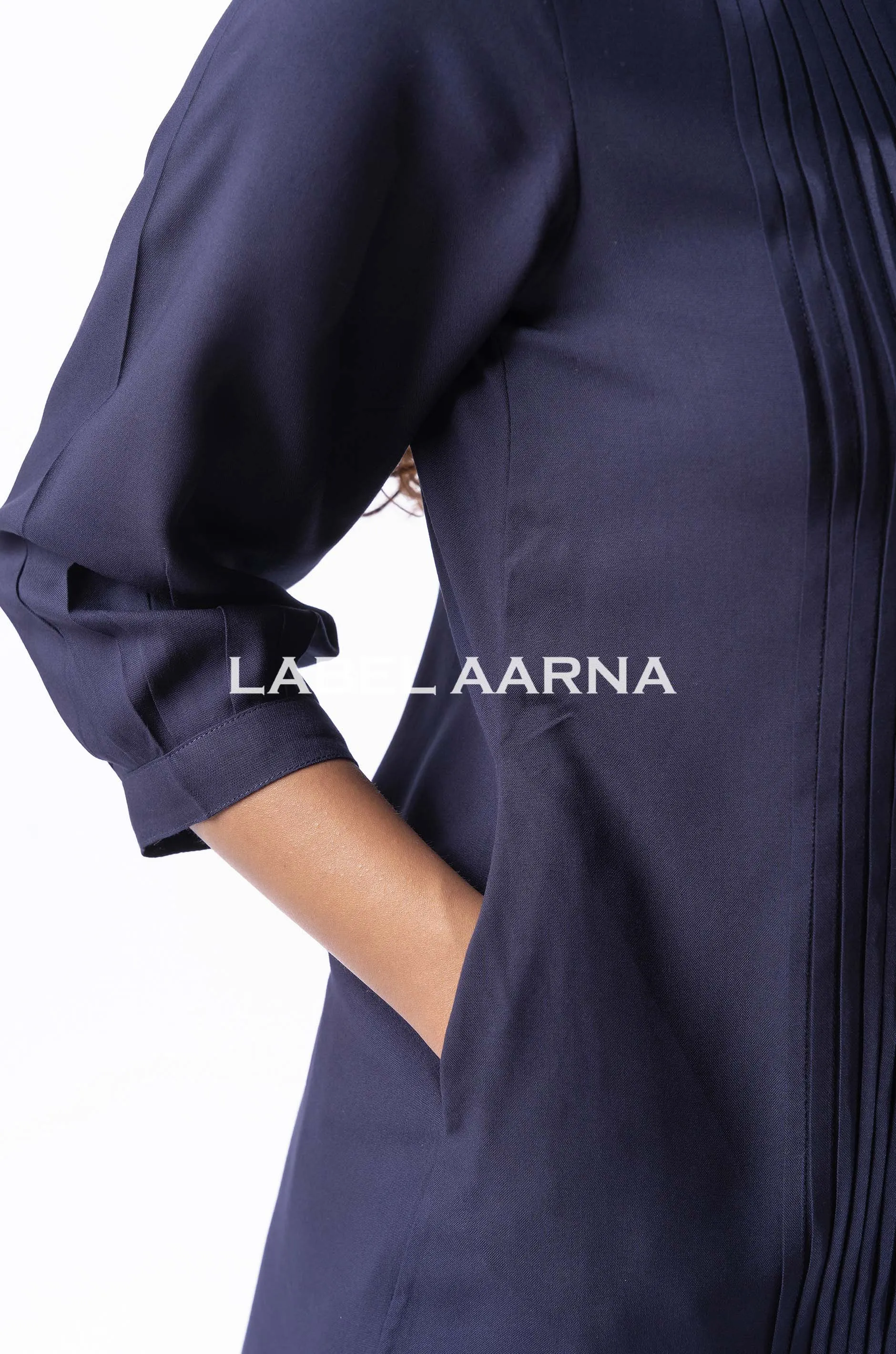 Navy Blue Viscose Rayon Pleated Band Collar Co-Ord Set