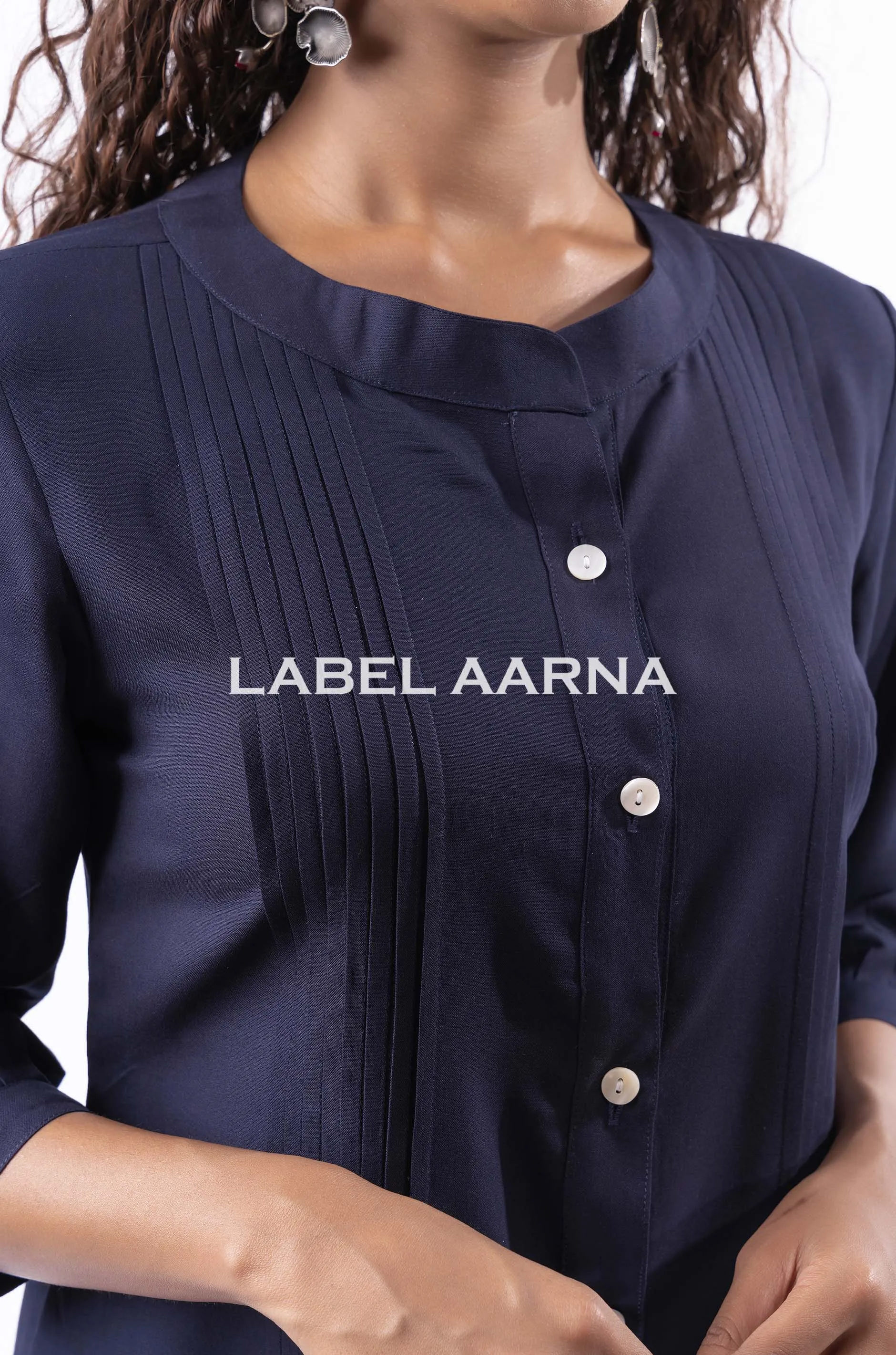 Navy Blue Viscose Rayon Pleated Band Collar Co-Ord Set