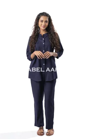 Navy Blue Viscose Rayon Pleated Band Collar Co-Ord Set