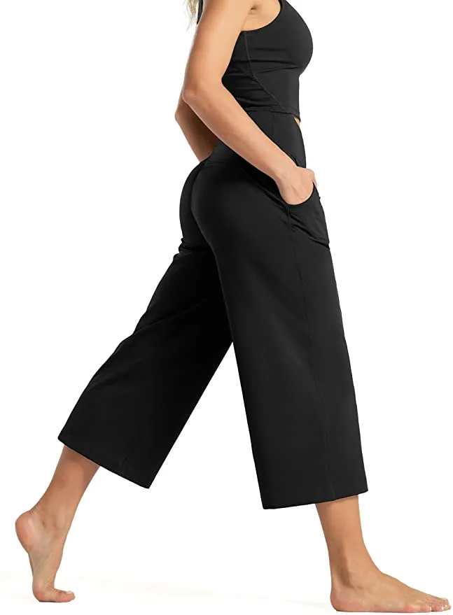 New Tmustobe Womens Lounge Yoga Capris Pants Bootleg Tummy Control High Waist Workout Flare Crop Pants with Pockets, Black, Sz XL! Retails $82 