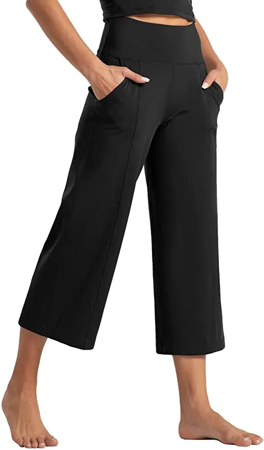 New Tmustobe Womens Lounge Yoga Capris Pants Bootleg Tummy Control High Waist Workout Flare Crop Pants with Pockets, Black, Sz XL! Retails $82 