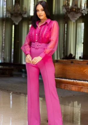 Norma Pink Organza Jumpsuit – Elegant High-Waisted Wide-Leg Jumpsuit for Special Occasions