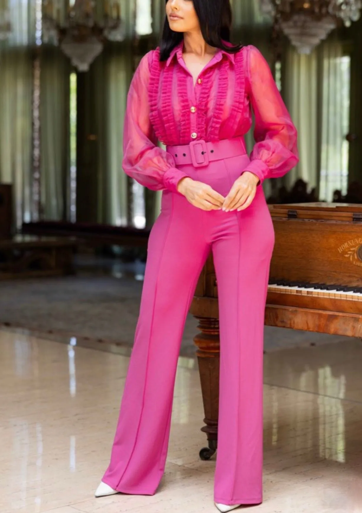 Norma Pink Organza Jumpsuit – Elegant High-Waisted Wide-Leg Jumpsuit for Special Occasions