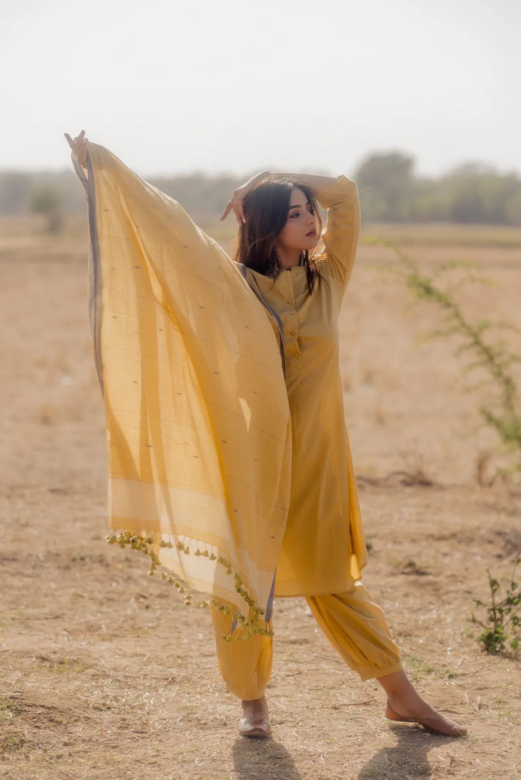 Ochre kurta set with Jaamdani Dupatta
