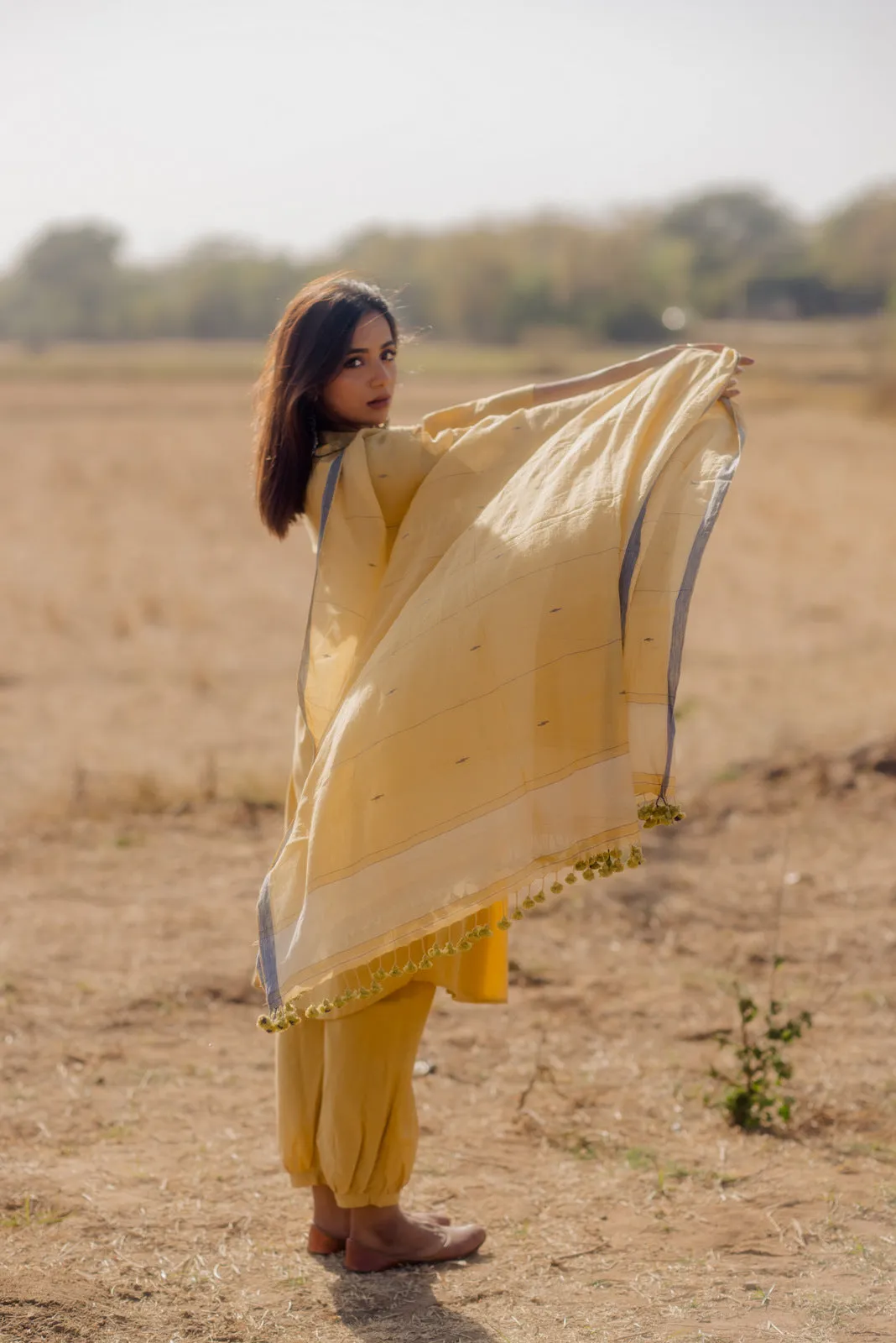 Ochre kurta set with Jaamdani Dupatta