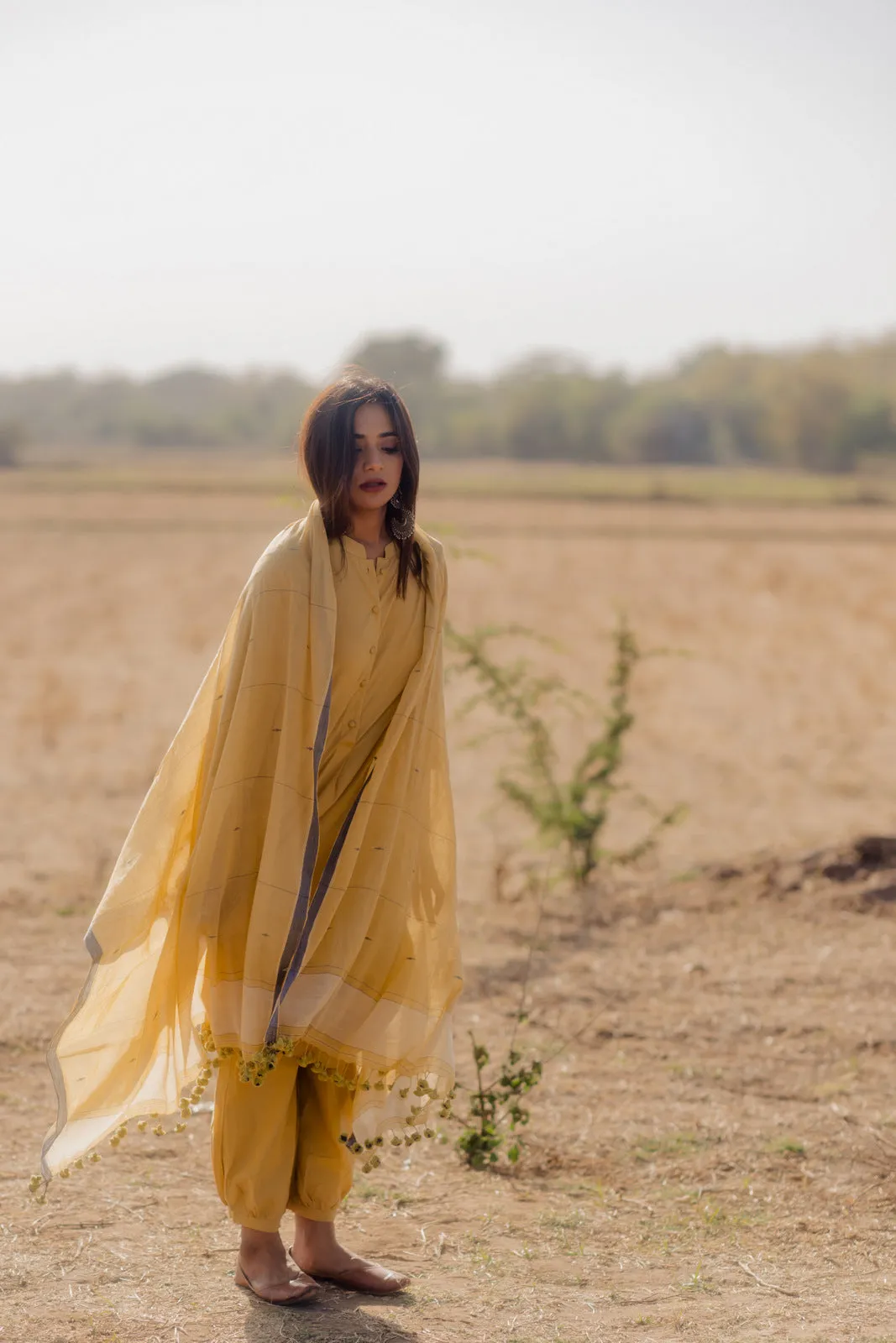 Ochre kurta set with Jaamdani Dupatta