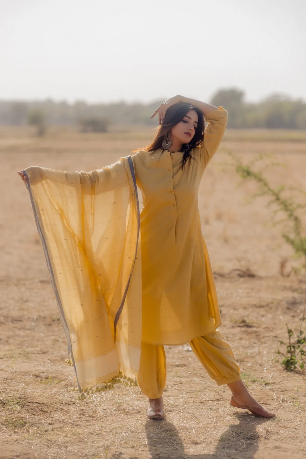 Ochre kurta set with Jaamdani Dupatta