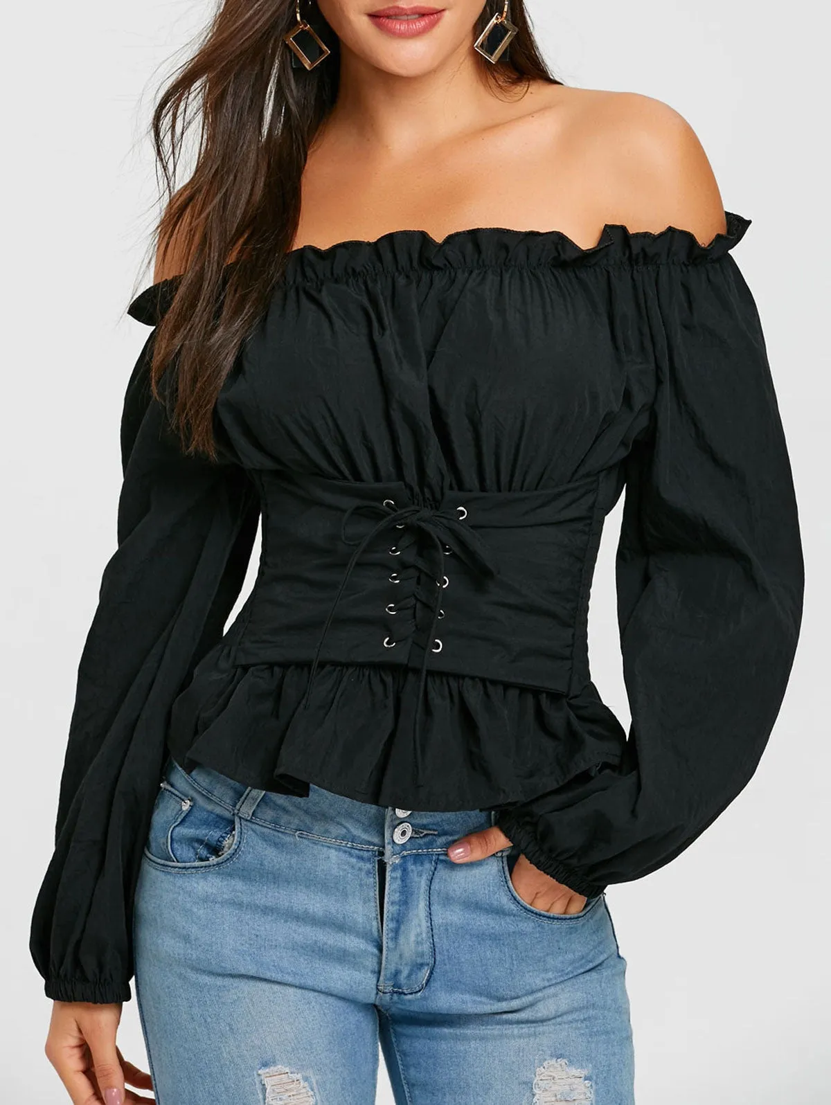 Off The Shoulder Lace Up Smocked Blouse 1869