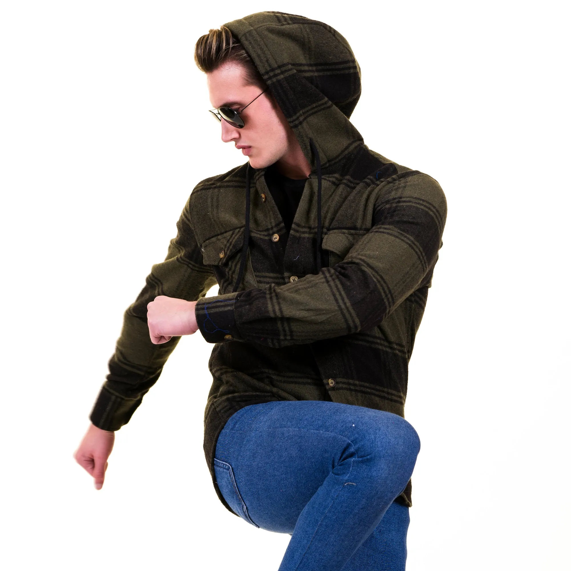 Olive Green Black Check European Wool Luxury Zippered With Hoodie Sweater Jacket Warm Winter Tailor Fit