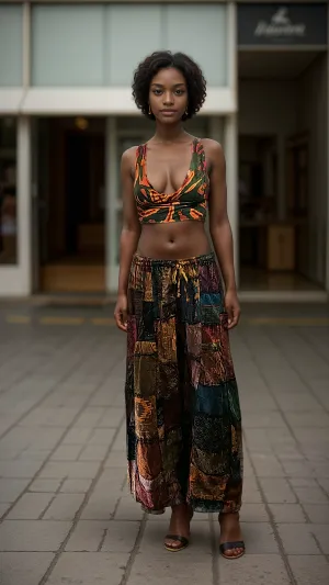 Patchwork wide leg pants