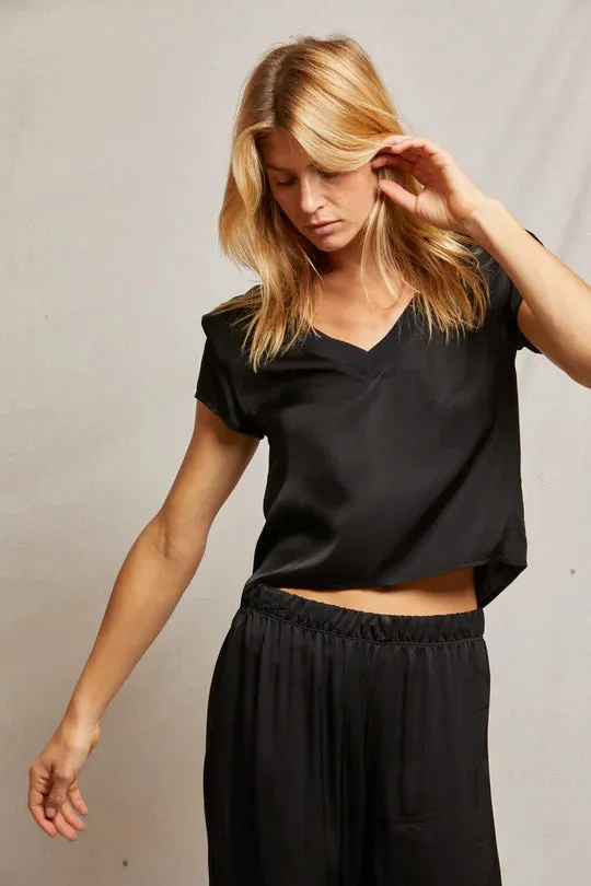 Perfect White Tee Amelie Luxe Satin V Neck Tee True Black