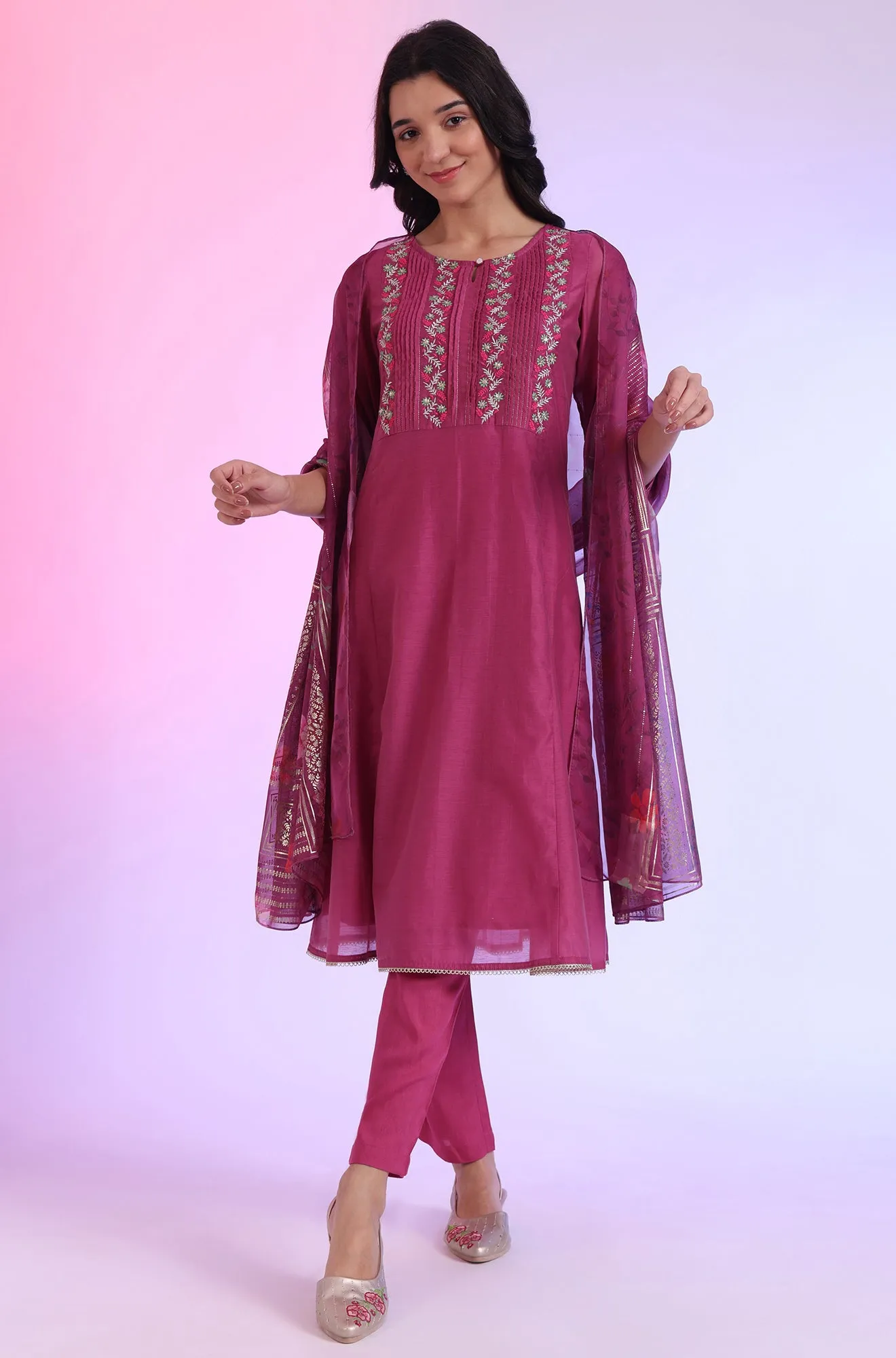 Pink Embroidered Cotton Blend Flared Kurta, Pants and Dupatta Set
