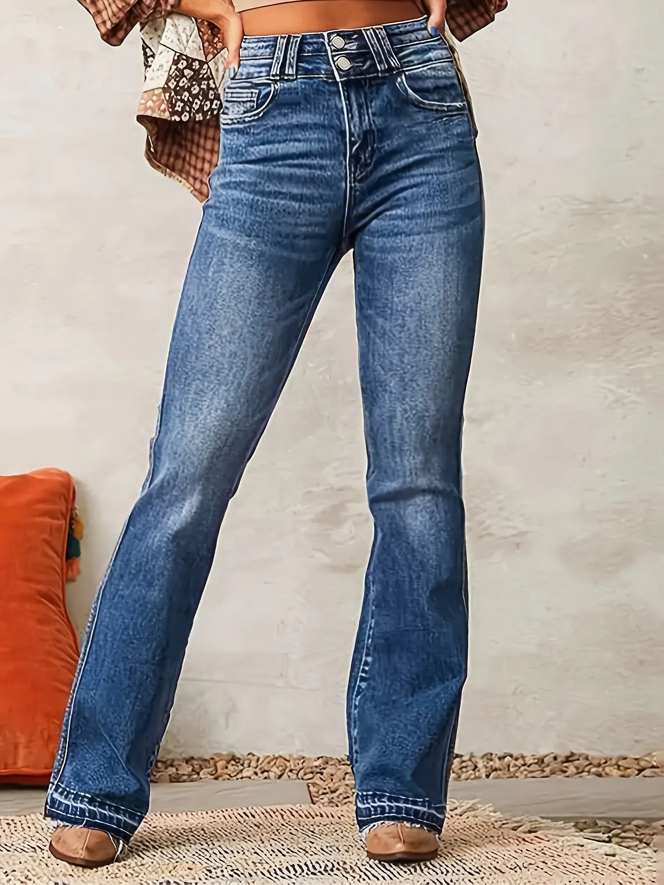 Plus Size High-Waisted Flared Pants – Double Waistband with Two-Button Design