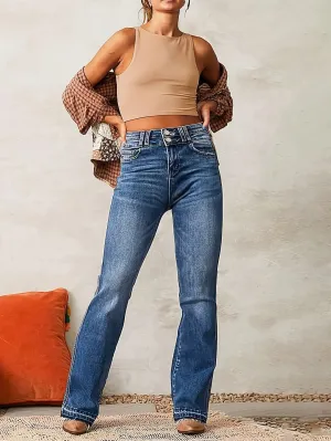 Plus Size High-Waisted Flared Pants – Double Waistband with Two-Button Design