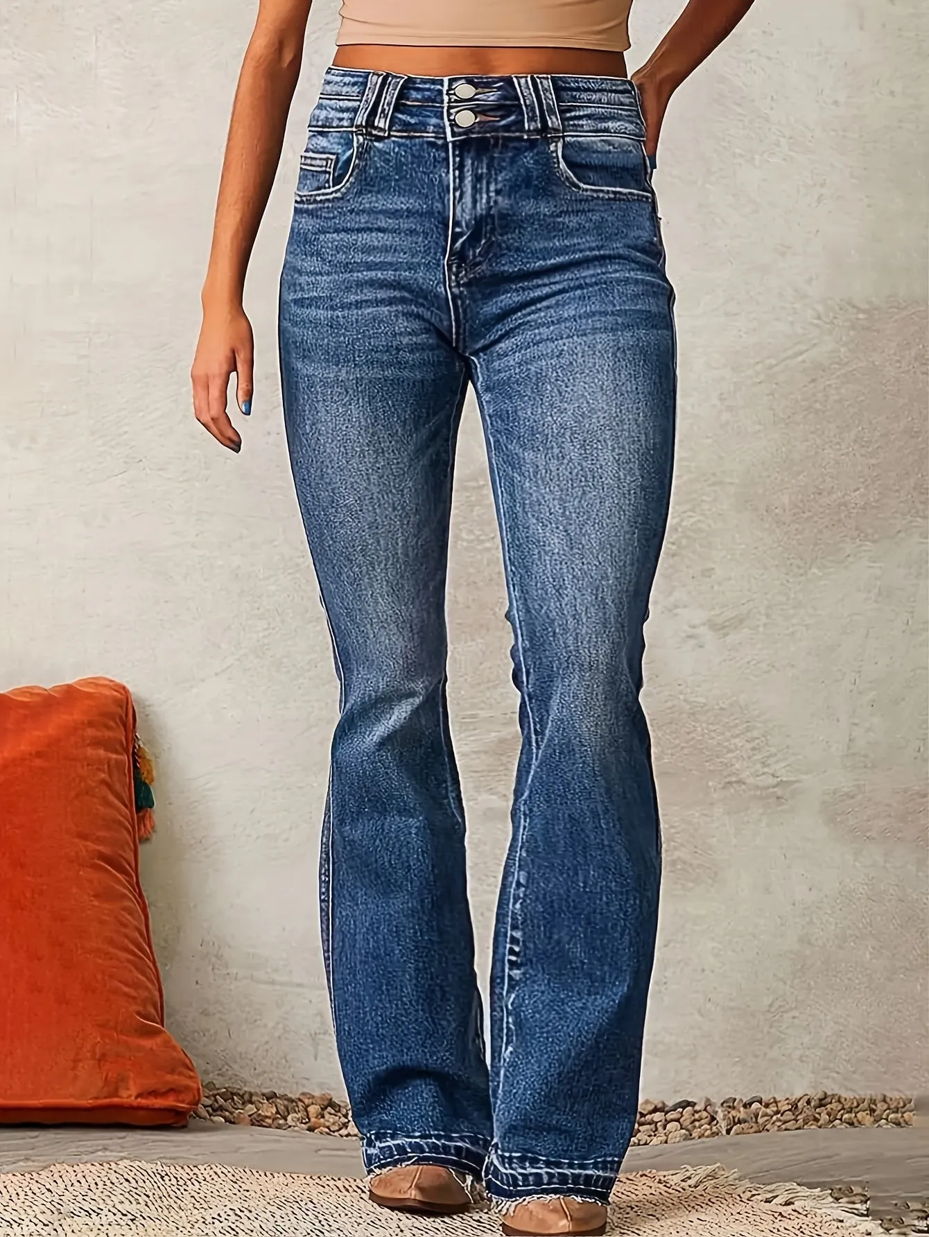 Plus Size High-Waisted Flared Pants – Double Waistband with Two-Button Design
