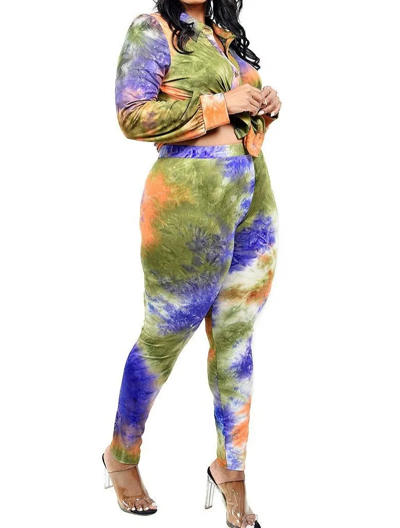 Plus Size Tie dye Long Sleeve 2 pc Legging Set Jogger Set