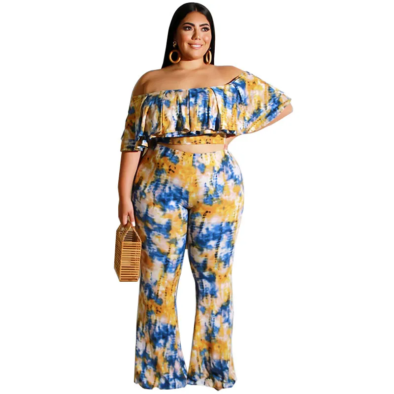 Plus Size Tie Dye Off Shoulder Top & Pants Set - Stylish and Comfortable Off The Shoulder Ruffle Crop Top with Flare Long Pants