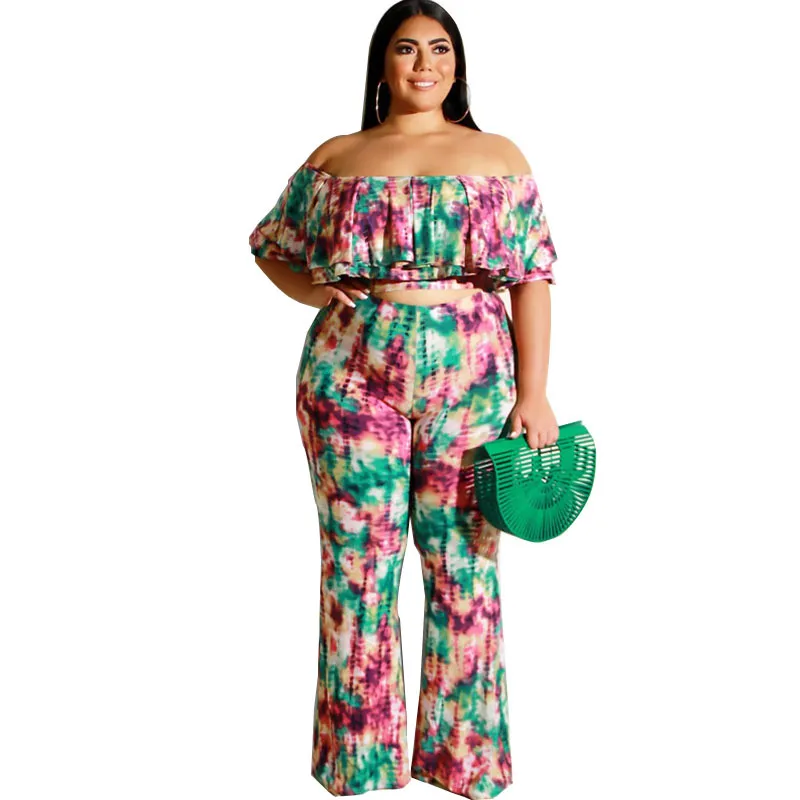 Plus Size Tie Dye Off Shoulder Top & Pants Set - Stylish and Comfortable Off The Shoulder Ruffle Crop Top with Flare Long Pants