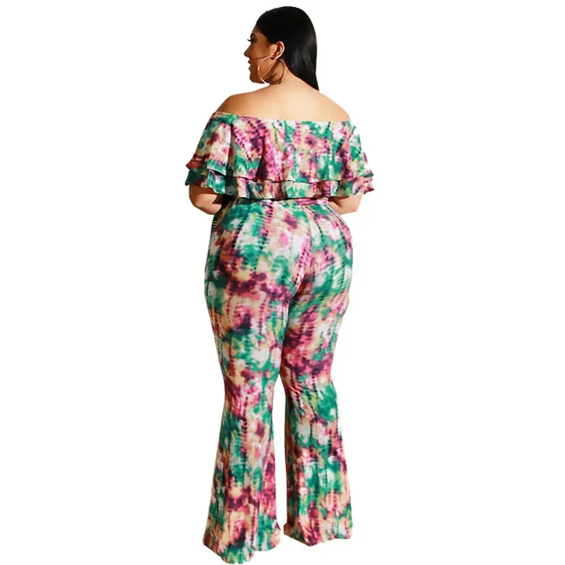 Plus Size Tie Dye Off Shoulder Top & Pants Set - Stylish and Comfortable Off The Shoulder Ruffle Crop Top with Flare Long Pants