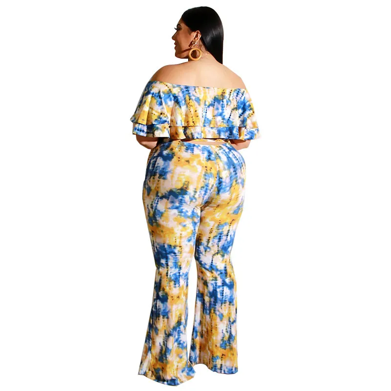 Plus Size Tie Dye Off Shoulder Top & Pants Set - Stylish and Comfortable Off The Shoulder Ruffle Crop Top with Flare Long Pants