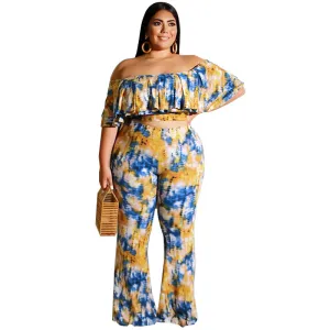 Plus Size Tie Dye Off Shoulder Top & Pants Set - Stylish and Comfortable Off The Shoulder Ruffle Crop Top with Flare Long Pants