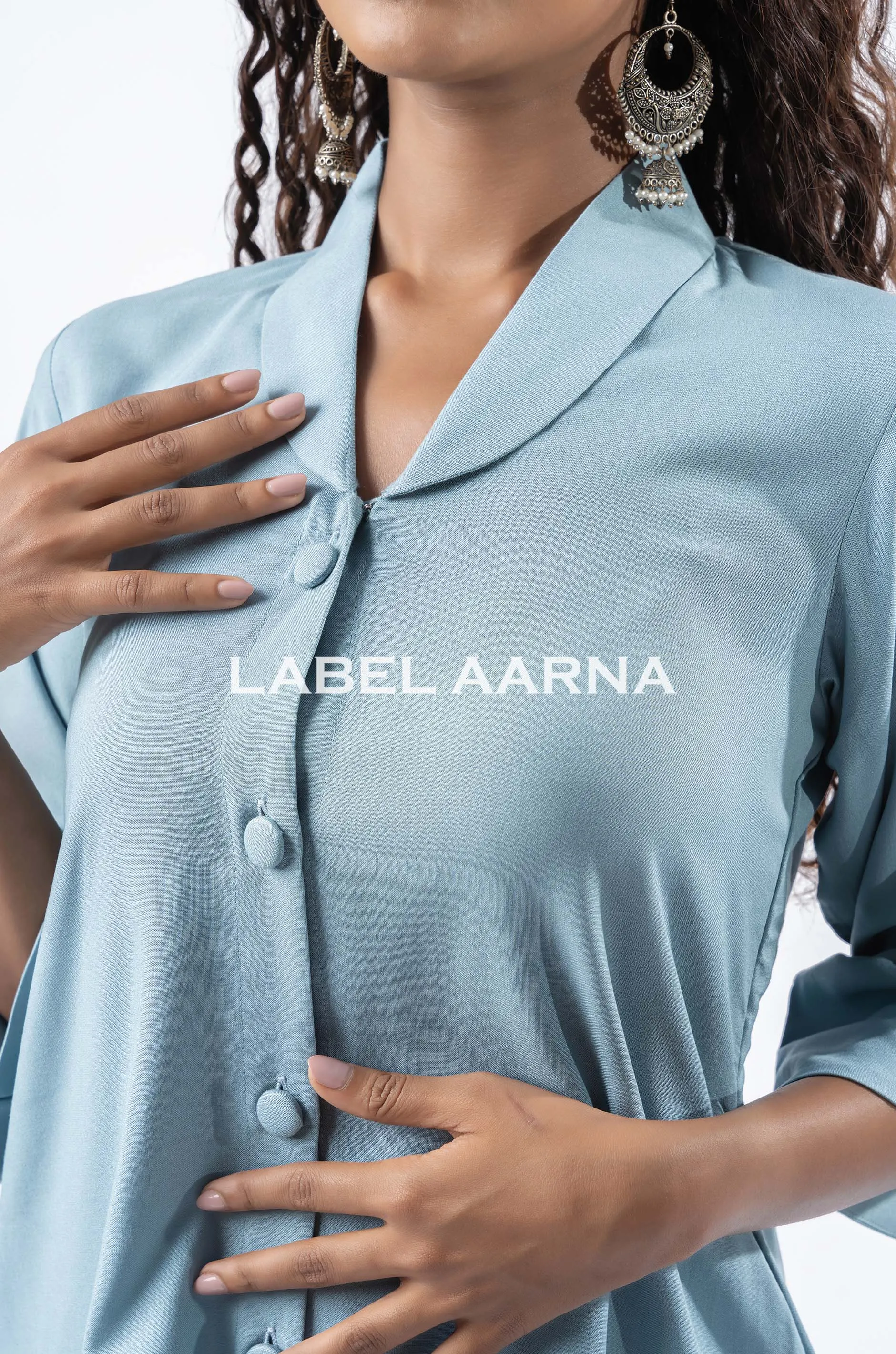 Powder Blue Viscose Rayon Shawl Collar With Curved Sleeves Co-Ord Set