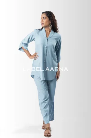 Powder Blue Viscose Rayon Shawl Collar With Curved Sleeves Co-Ord Set
