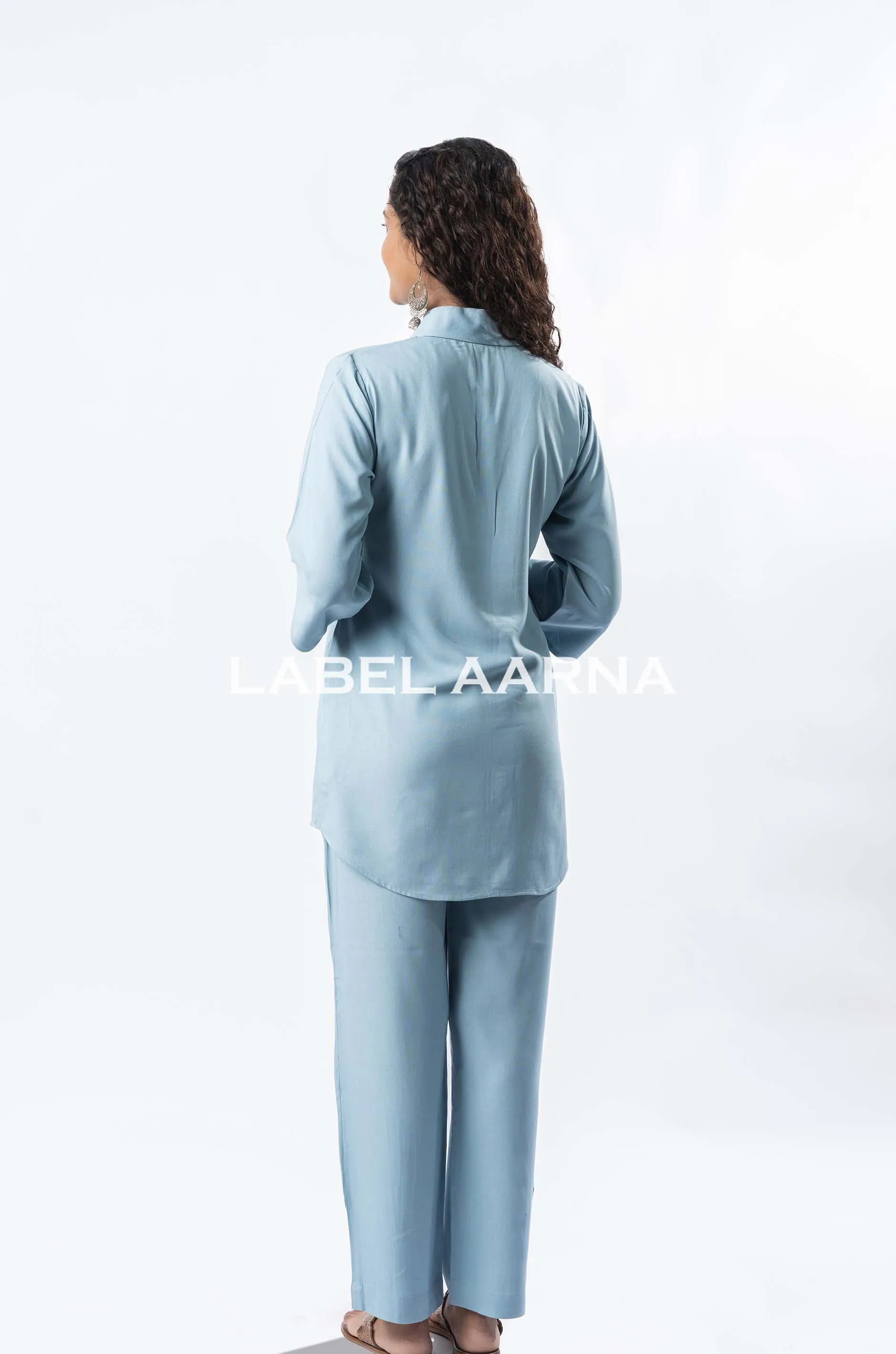 Powder Blue Viscose Rayon Shawl Collar With Curved Sleeves Co-Ord Set
