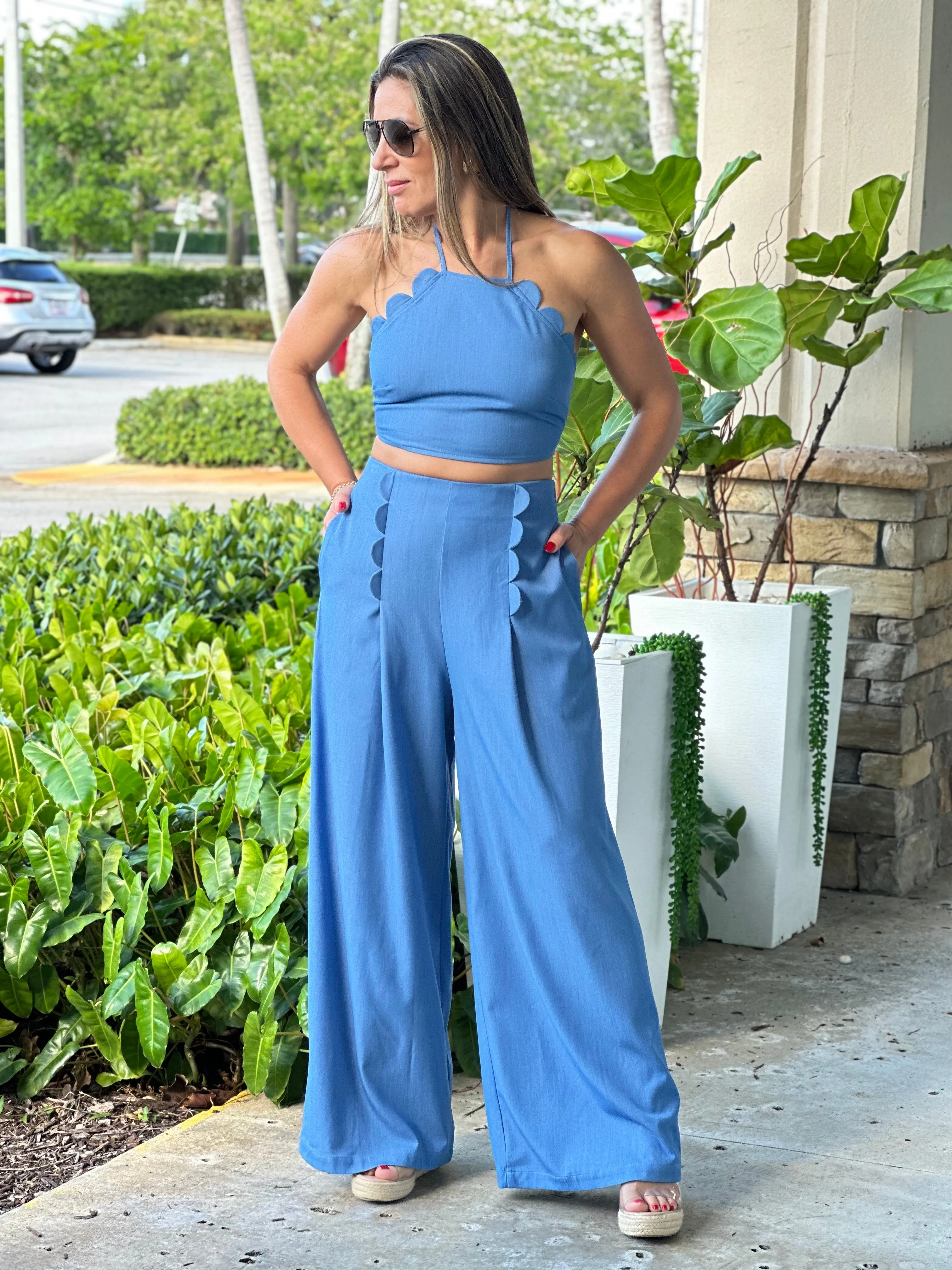 "Anais" Denim High Waisted Pants And Matching Crop Top