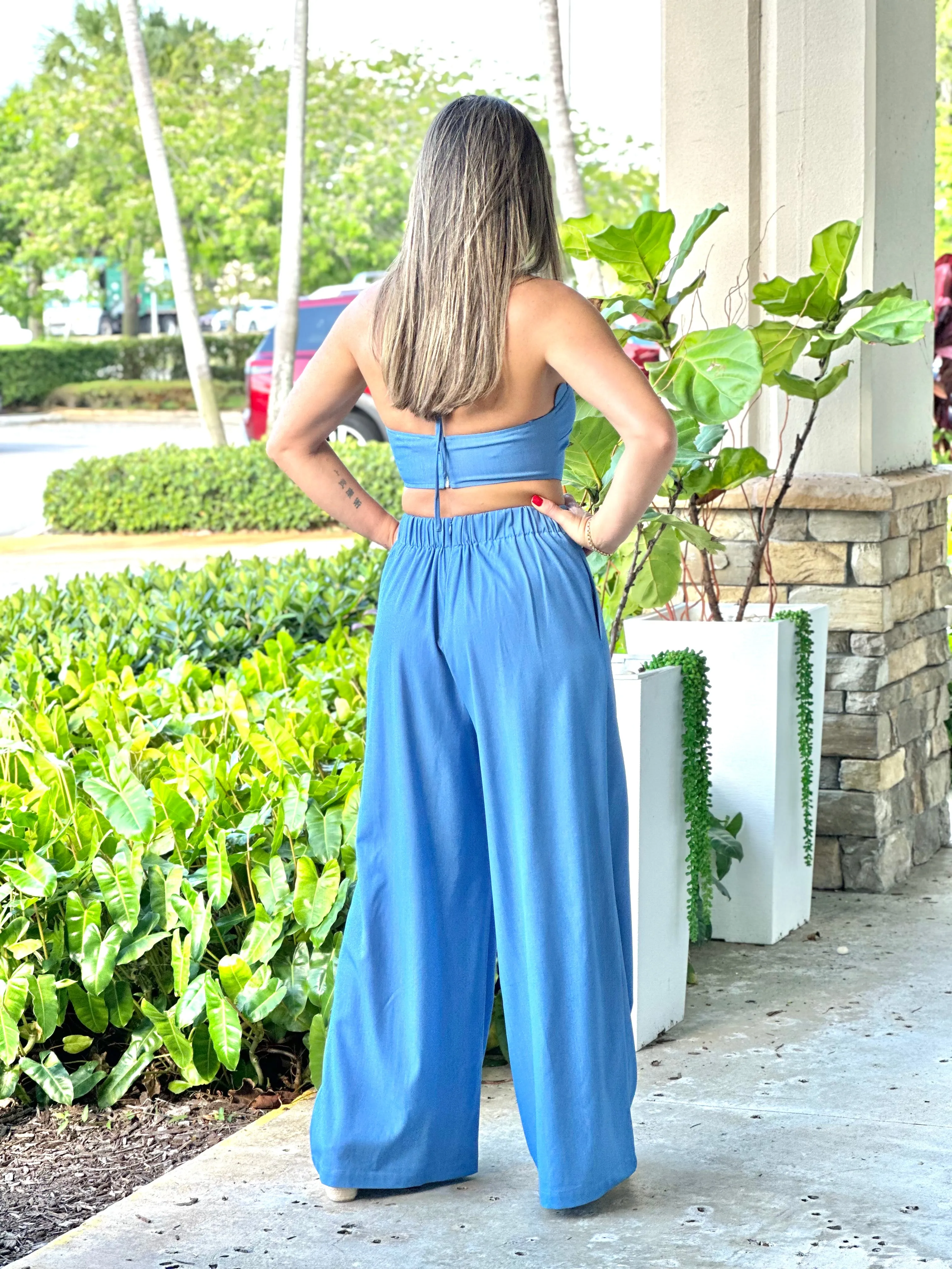 "Anais" Denim High Waisted Pants And Matching Crop Top