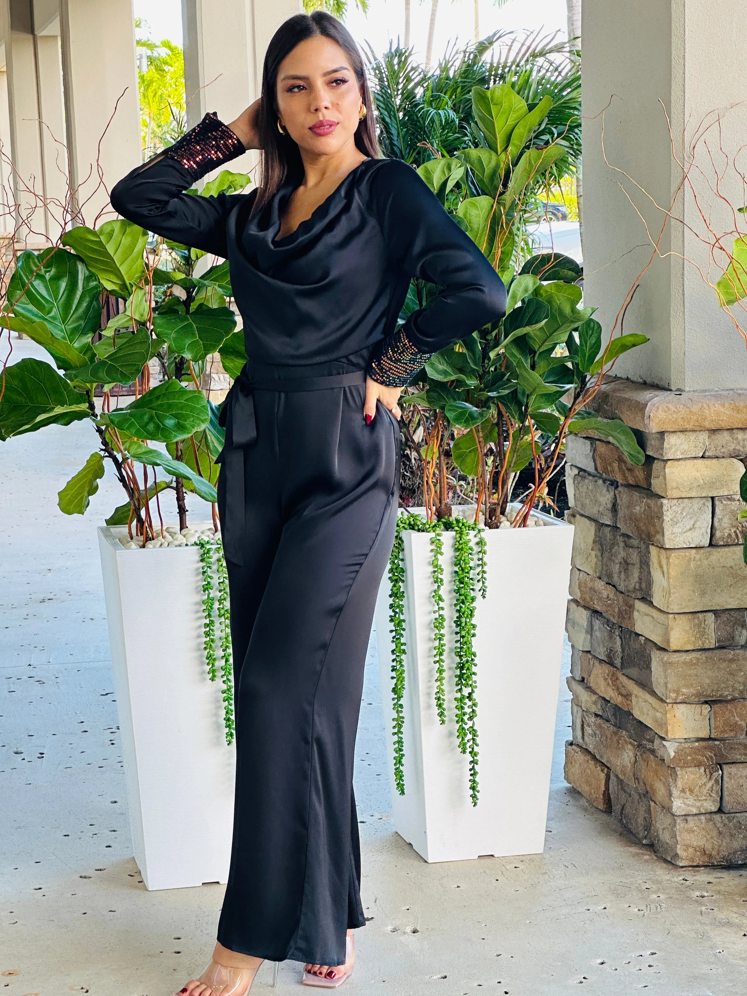 "Cherly" Cowl Belted Sequin Sleeve Band Detailing Jumpsuit