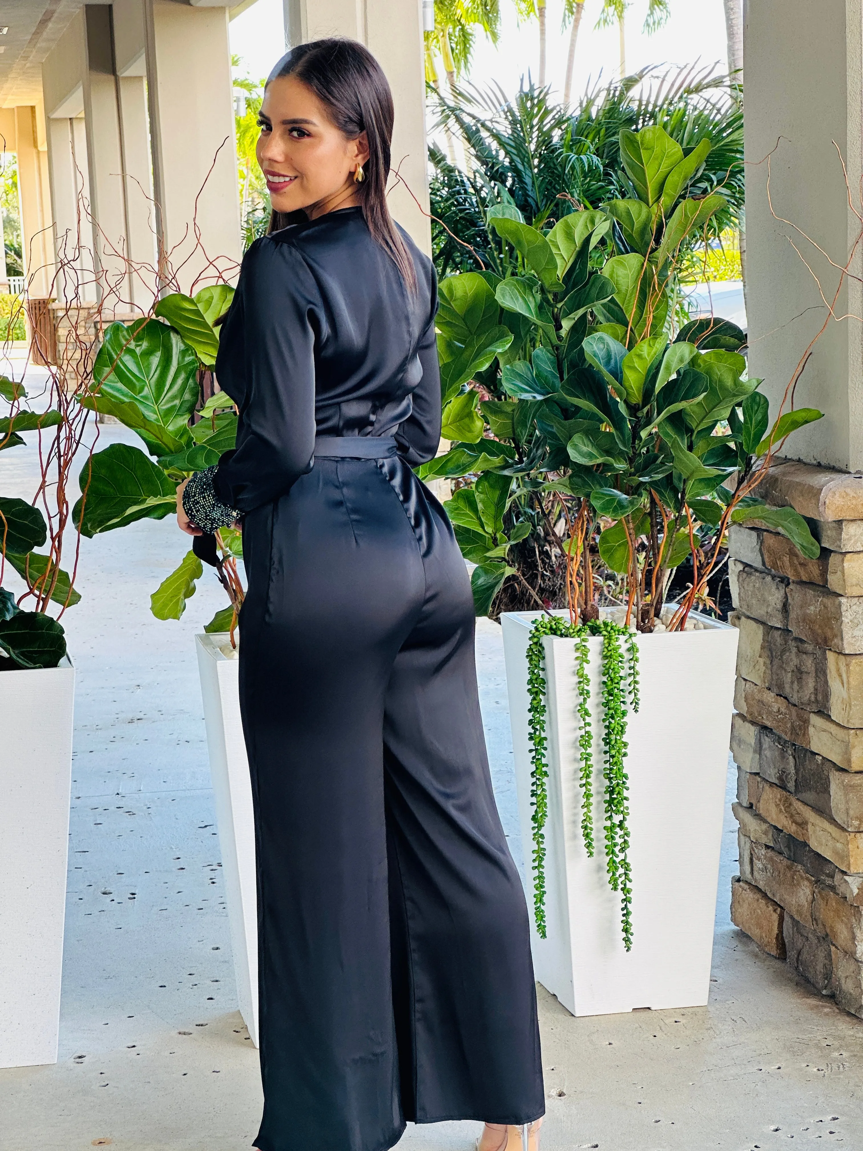 "Cherly" Cowl Belted Sequin Sleeve Band Detailing Jumpsuit