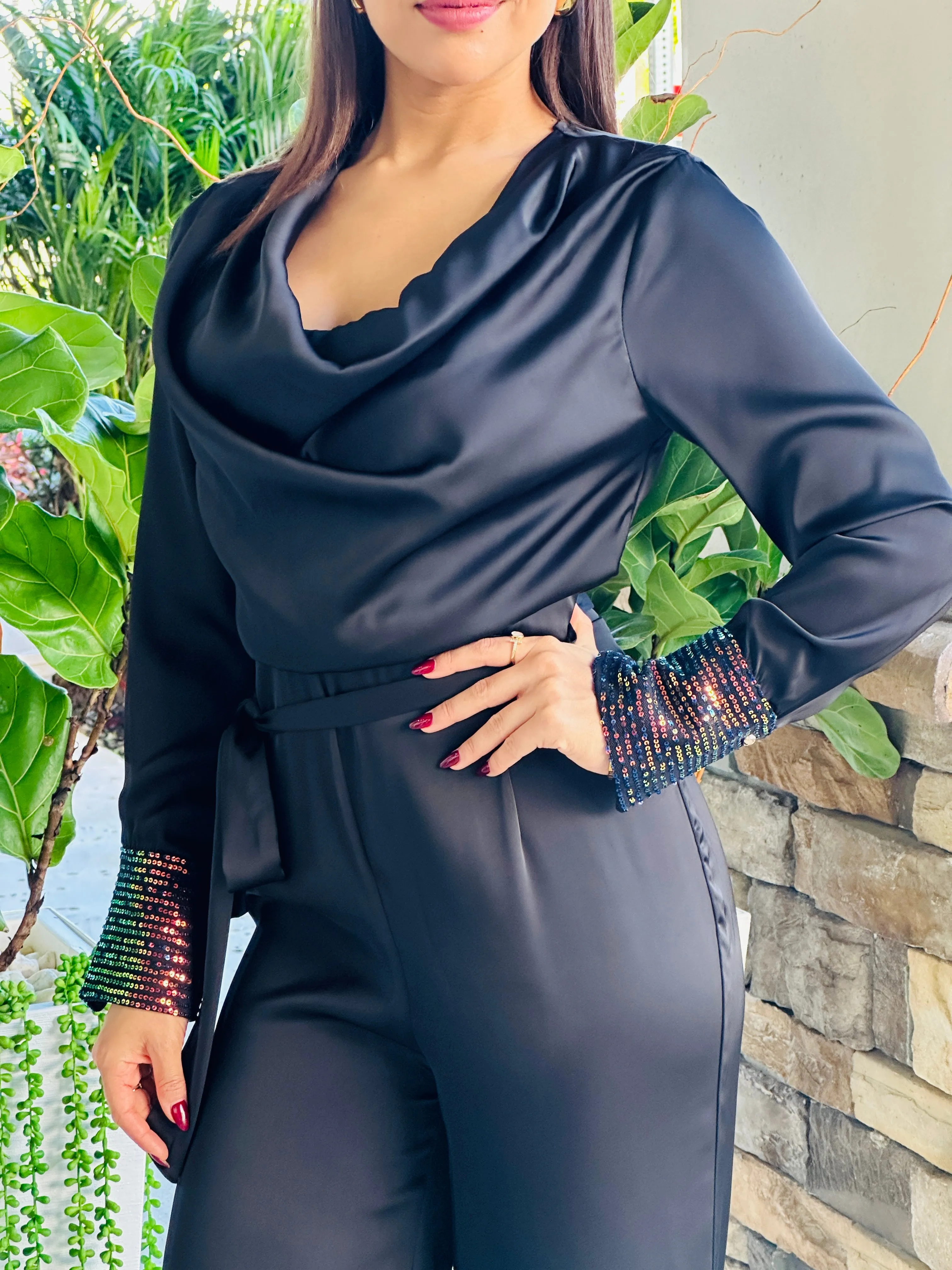 "Cherly" Cowl Belted Sequin Sleeve Band Detailing Jumpsuit
