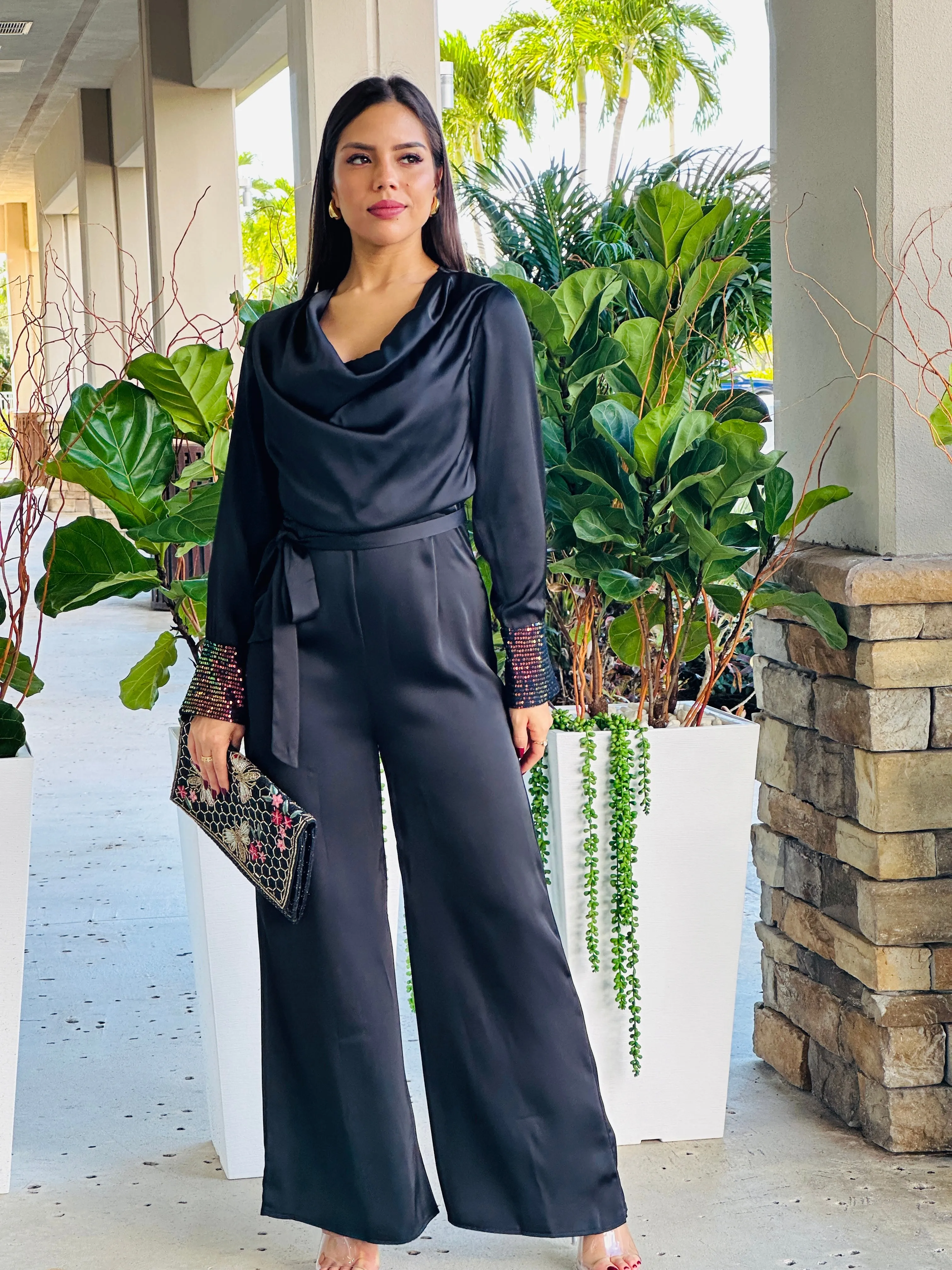 "Cherly" Cowl Belted Sequin Sleeve Band Detailing Jumpsuit