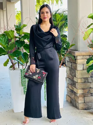 "Cherly" Cowl Belted Sequin Sleeve Band Detailing Jumpsuit