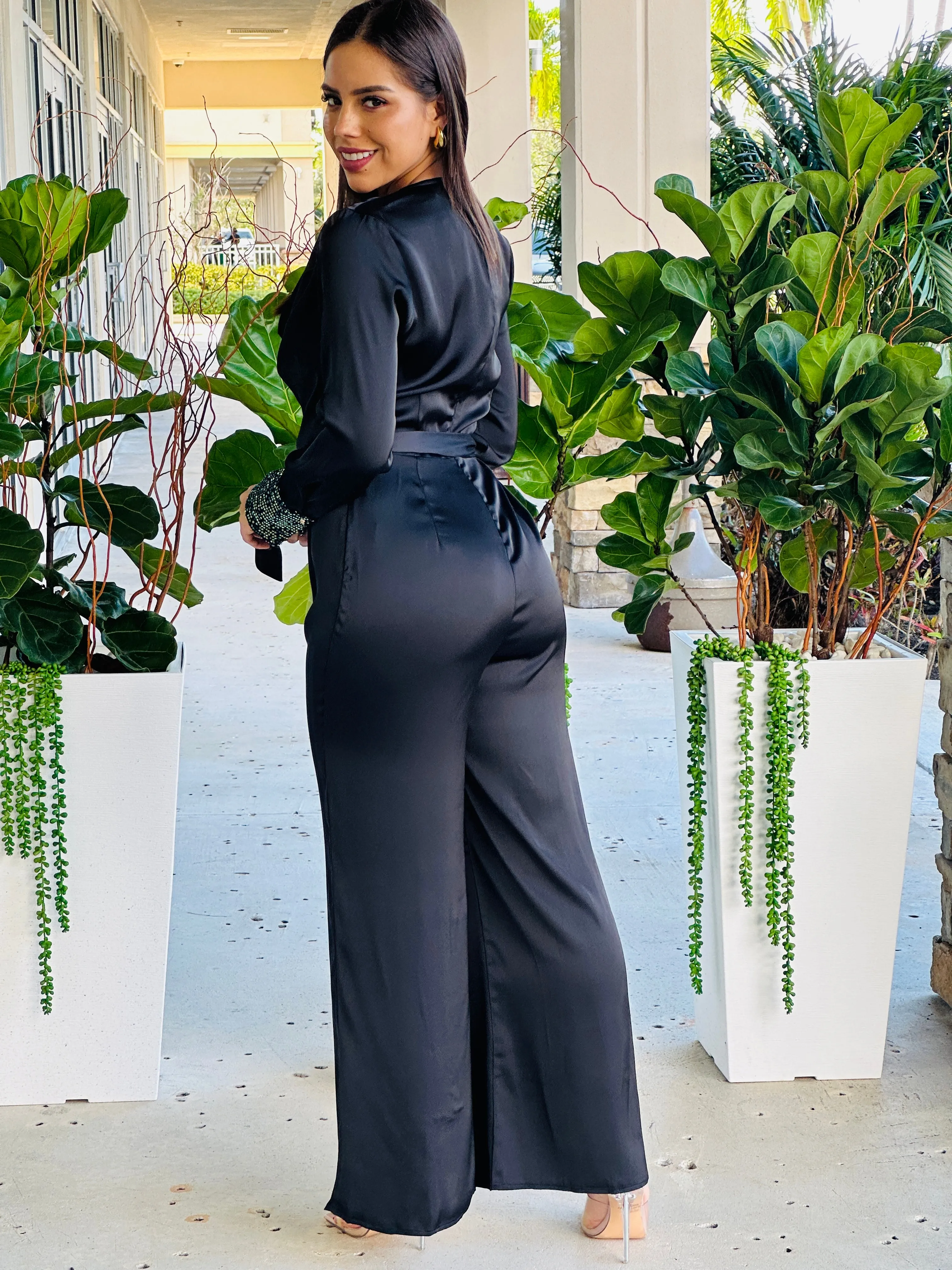 "Cherly" Cowl Belted Sequin Sleeve Band Detailing Jumpsuit