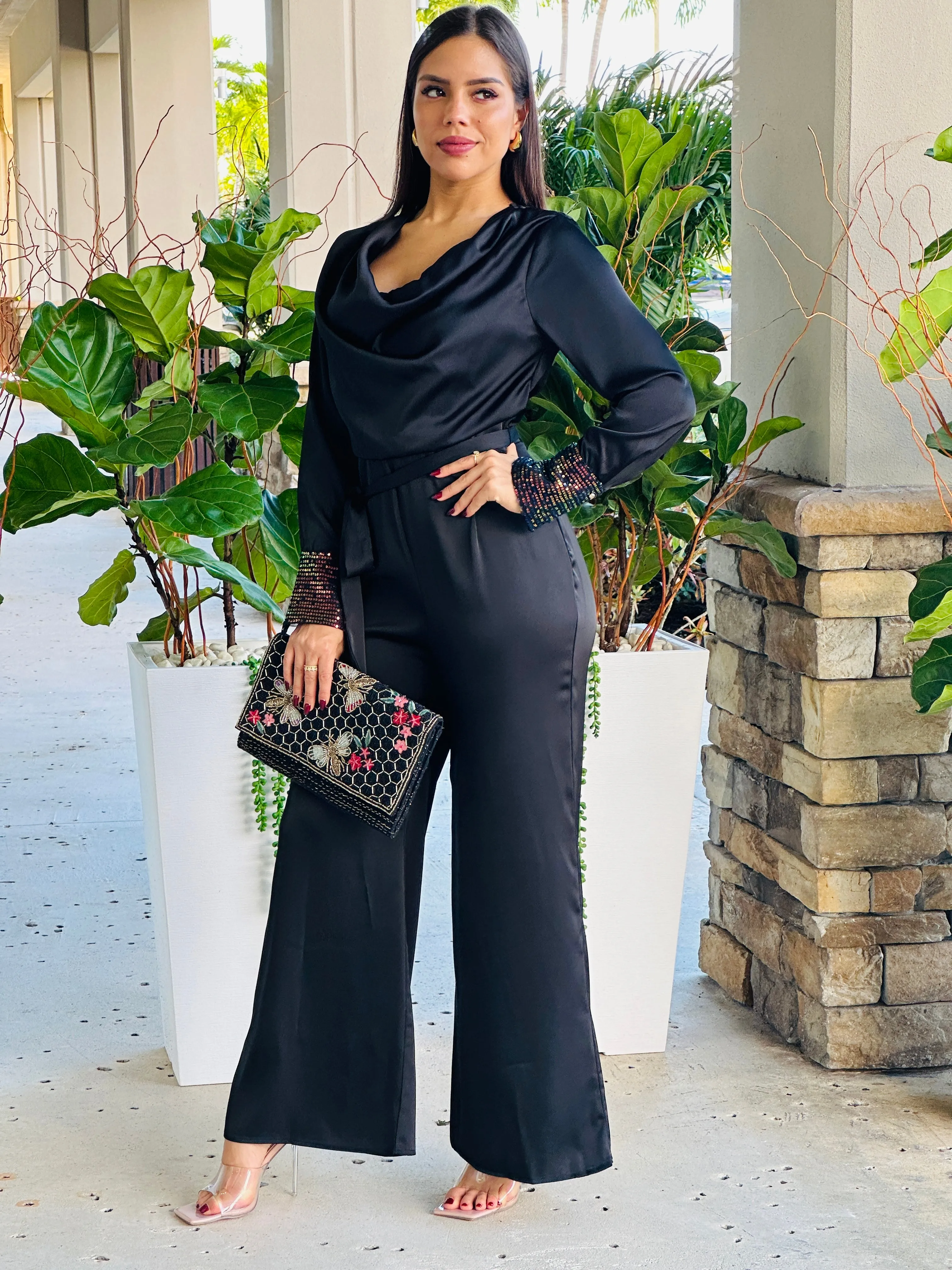"Cherly" Cowl Belted Sequin Sleeve Band Detailing Jumpsuit